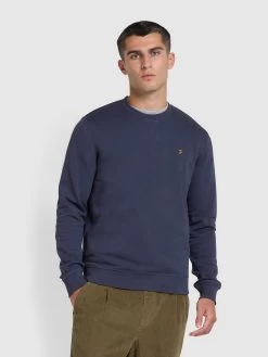 Farah Tim Organic Cotton Crew Neck Sweatshirt In Liquorice Blue