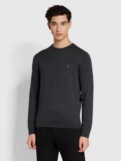 Farah Mullen Slim Fit Merino Wool Crew Neck Jumper In Charcoal