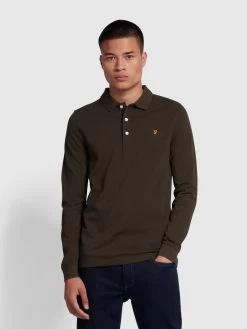 Farah Blanes Organic Cotton Long Sleeve Polo Shirt In Evergreen