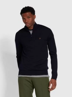 Farah Redchurch Merino Wool Quarter Zip Jumper In True Navy