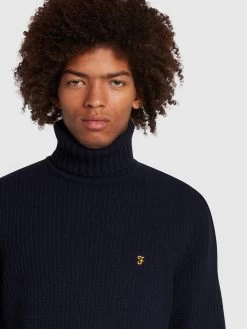 Farah Anton Regular Fit Fisherman Stitch Roll Neck Sweater In True Navy -Farah f4ghc016 412 ALT3