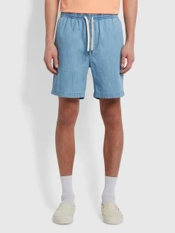 Farah Redwald Organic Denim Drawstring Shorts In Stone Wash