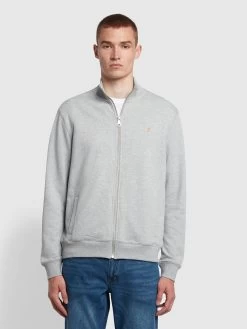 Farah Vance Organic Cotton Full Zip Sweatshirt In Light Grey Marl