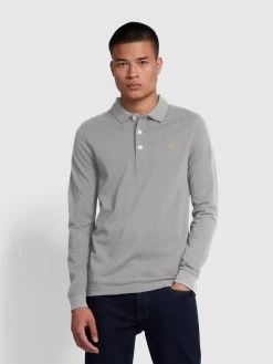Farah Blanes Organic Cotton Long Sleeve Polo Shirt In Grey Marl