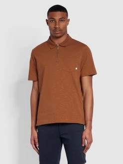 Farah Chancery Regular Fit Zip Placket Polo Shirt In Golden Brown