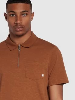 Farah Chancery Regular Fit Zip Placket Polo Shirt In Golden Brown -Farah f4kmd050 203 alt3