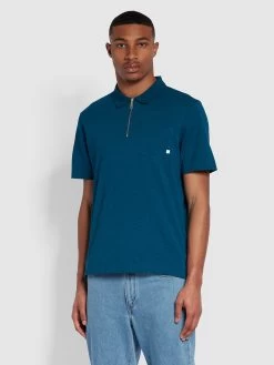 Farah Chancery Regular Fit Zip Placket Polo Shirt In Sailor Blue