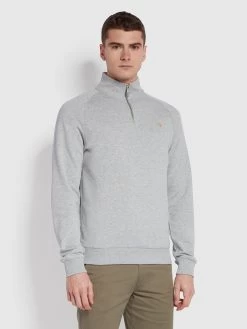 Farah Jim Organic Cotton Quarter Zip Sweatshirt In Light Grey Marl