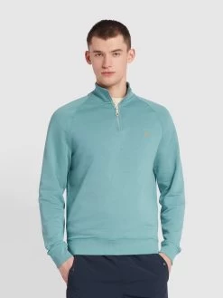 Farah Jim Organic Cotton Quarter Zip Sweatshirt In Brook Blue