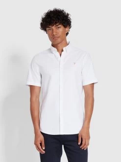 Farah Brewer Slim Fit Short Sleeve Organic Cotton Oxford Shirt In White
