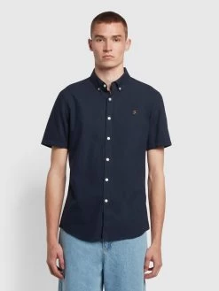 Farah Brewer Slim Fit Short Sleeve Organic Cotton Oxford Shirt In Navy
