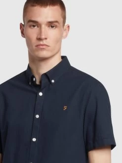Farah Brewer Slim Fit Short Sleeve Organic Cotton Oxford Shirt In Navy -Farah f4wsb061 454 alt3