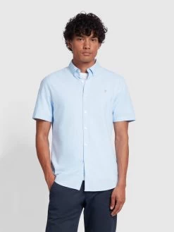 Farah Brewer Slim Fit Short Sleeve Organic Cotton Oxford Shirt In Sky Blue