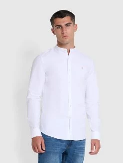 Farah White Grandad Shirt - Brewer Slim Fit Organic Cotton Long Sleeve Shirt
