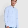 Farah Brewer Slim Fit Grandad Organic Cotton Oxford Shirt In Sky Blue