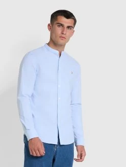 Farah Brewer Slim Fit Grandad Organic Cotton Oxford Shirt In Sky Blue