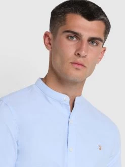 Farah Brewer Slim Fit Grandad Organic Cotton Oxford Shirt In Sky Blue -Farah f4wsb062 468 alt4