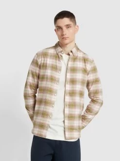 Farah Brewer Slim Fit Check Organic Cotton Long Sleeve Shirt In Moss Green