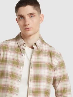 Farah Brewer Slim Fit Check Organic Cotton Long Sleeve Shirt In Moss Green -Farah f4wsb069 344 alt4