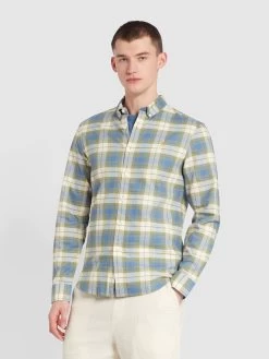 Farah Brewer Slim Fit Check Organic Cotton Long Sleeve Shirt In Sheaf Blue