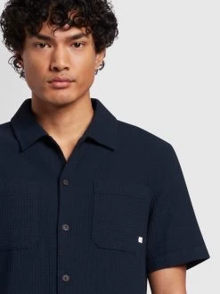 Farah Fitzgerald Relaxed Fit Short Sleeve Texture Shirt In True Navy -Farah f4wsd040 412 alt3