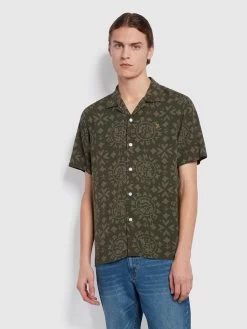 Farah Dana Casual Fit Short Sleeve Revere Surf Print Shirt In Evergreen
