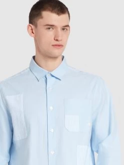 Farah Brewer Patchwork Relaxed Fit Organic Cotton Long Sleeve Shirt In Sky Blue -Farah f4wse063 468 alt4