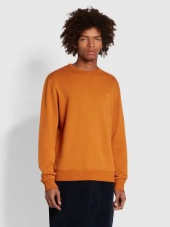 Farah Tim Slim Fit Organic Cotton Crew Sweatshirt In Ochre Brown