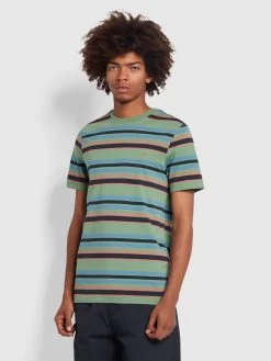 Farah Nash Regular Fit Striped Organic Cotton T-Shirt In Green Aloe