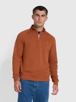 Farah Jim Quarter Zip Sweatshirt In Teak