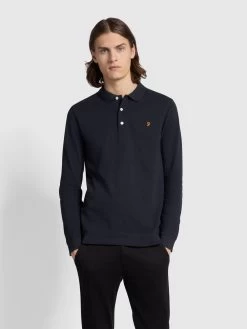 Farah Blanes Organic Cotton Long Sleeve Polo Shirt In True Navy