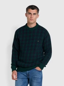 Farah Mossmun Check Crew Neck Jumper In Botanic Green