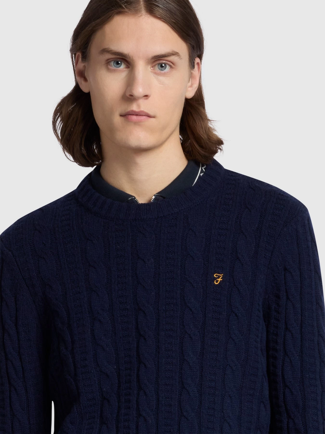 Farah Saluzzo Regular Fit Cable Crew Neck Sweater In True Navy 6 Farah Saluzzo Regular Fit Cable Crew Neck Sweater In True Navy - Image 4