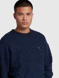Farah Roma Archive Textured Knit Crew Neck Sweater In True Navy -Farah ltqfkvidtneyyoscftod