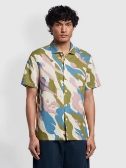 Farah Tandang Casual Fit Linen Revere Camo Shirt In Fog