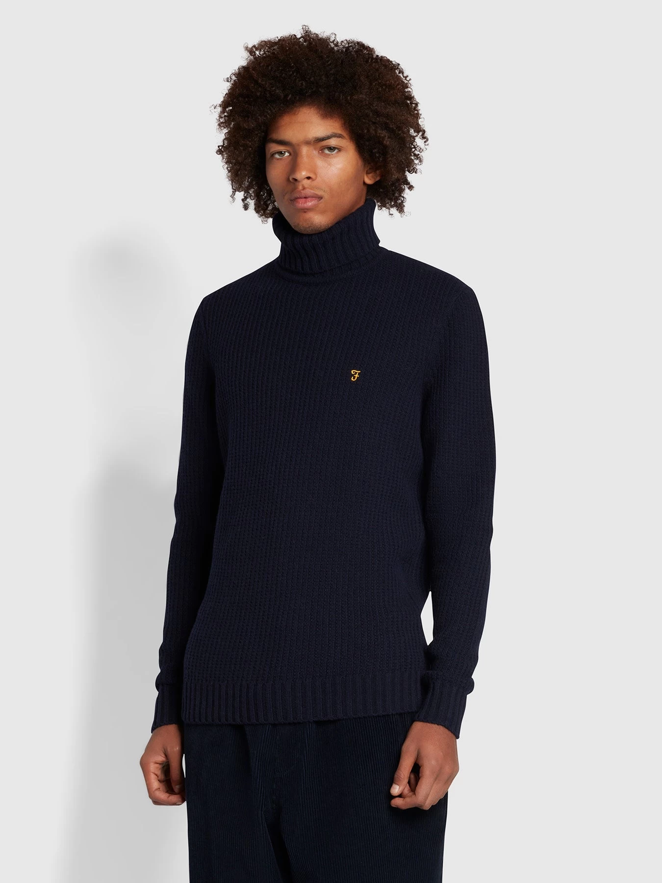 Farah Anton Regular Fit Fisherman Stitch Roll Neck Sweater In True Navy