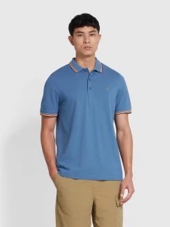 Farah Alvin Organic Cotton Tipped Collar Short Sleeve Polo Shirt In Sheaf Blue