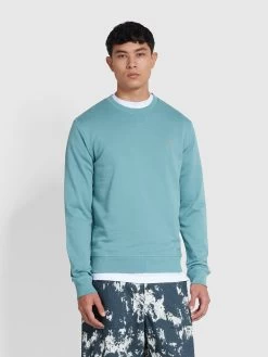 Farah Tim Organic Cotton Crew Neck Sweatshirt In Brook Blue