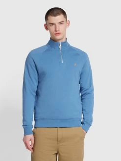 Farah Jim Organic Cotton Quarter Zip Sweatshirt In Sheaf Blue