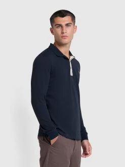 Farah Drexler Organic Cotton Long Sleeve Polo Shirt In True Navy