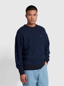 Farah Roma Archive Textured Knit Crew Neck Sweater In True Navy