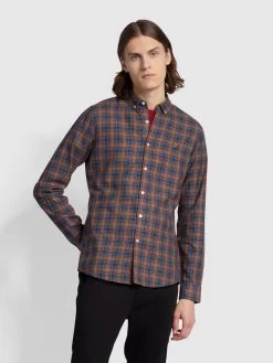 Farah Fraser Button Down Check Organic Cotton Shirt In Sailor Blue