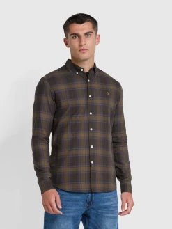 Farah Brewer Check Slim Fit Organic Cotton Long Sleeve Shirt In Liquorice Blue