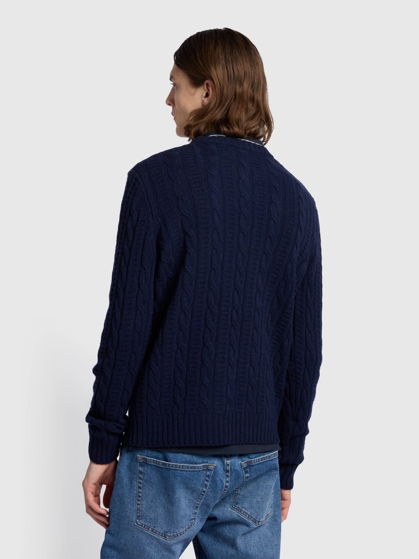 Farah Saluzzo Regular Fit Cable Crew Neck Sweater In True Navy 5 Farah Saluzzo Regular Fit Cable Crew Neck Sweater In True Navy - Image 3