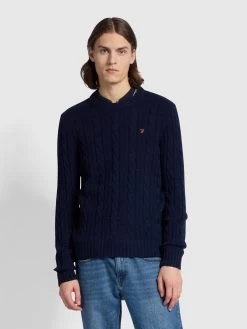 Farah Saluzzo Regular Fit Cable Crew Neck Sweater In True Navy