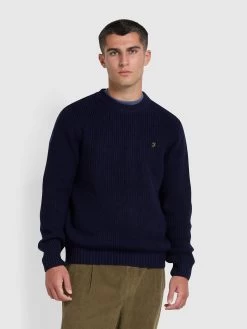 Farah Hayes Tipped Crew Neck Jumper In True Navy